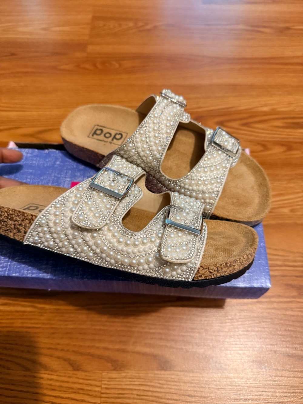 Pop  Pearl-Embellished White Double Buckle Sandals
